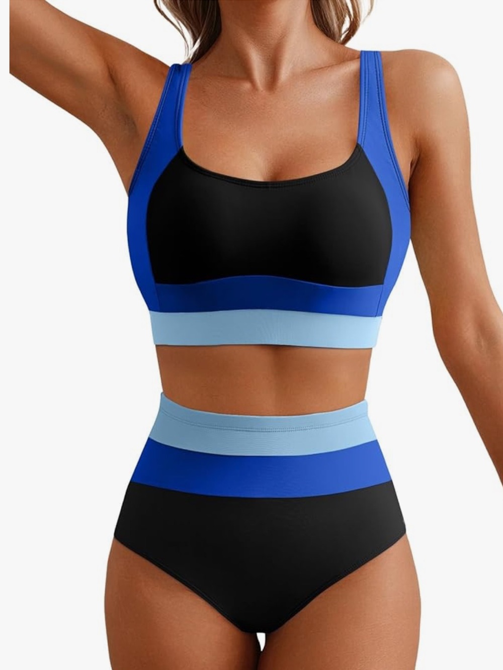Herseas NWOT L Colorblock black light blue & royal blue High-Waist bikini set